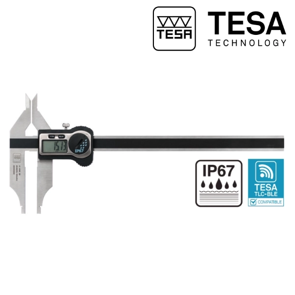 Pied à coulisse numérique TESA TWIN-CAL IP67 à faces de mesure d'intérieure arrondies, becs d'intérieur à pointe et envoi de données.